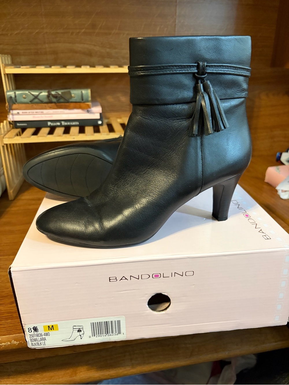 Bandolino Black Leather Tassel Mid-Heel Ankle Booties